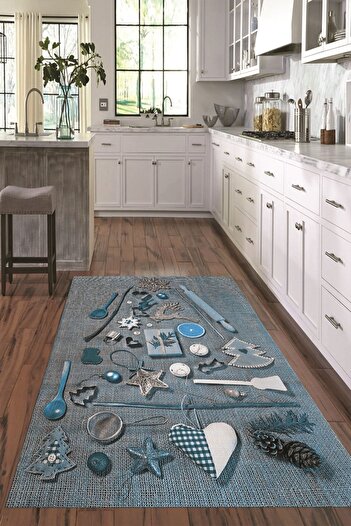 Napoli Home 3D Dijital Baskılı Kaymaz Taban Yıkanabilir Renkli Modern Mutfak Halısı, N-MUTFAK-16-MAVİ,