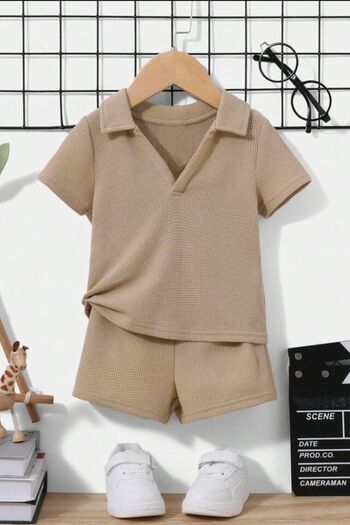 Bubito V-Neck Waffle Patterned Cotton Summer Baby Shorts Set - Beige