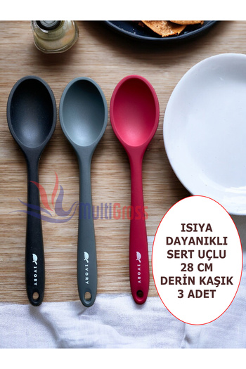 Multiamo 28 Cm Silicone Spoon Set - Hard Tip, Heat Resistant, Fireproof and Non-Stick 3 Pieces