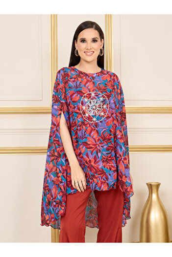 Styli Floral Print Cape Sleeves Longline Top and Flared Pant Co-ord