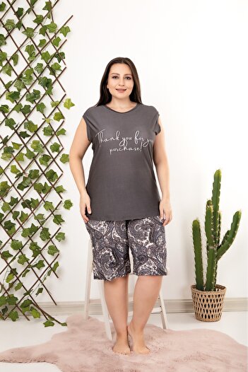 Yenimodam Smoked Color Color and Floral Patterned Lady 10414 Large Size Shorts Pajamas Set