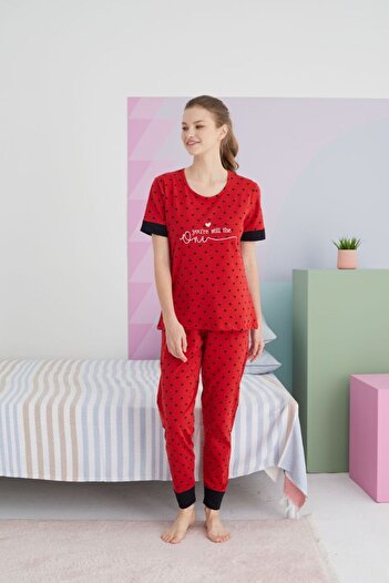 tusem butik homewear Red Heart Patterned Cotton Women's Summer Pajamas Set - Short Sleeve