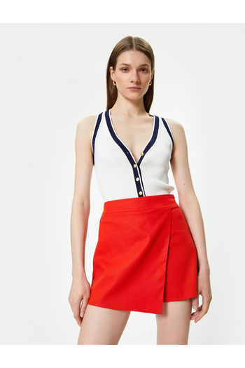 Koton Sibil Çetinkaya Mini Linen Shorts Skirt - Double Breasted Standard Waist
