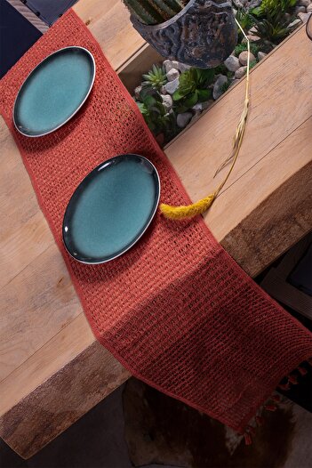 vivamaison Red Cotton Lace Runner - 35x150 Cm Tablecloth