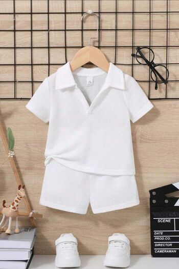 Bubito V-Neck Cotton Waffle Baby Shorts Set - White