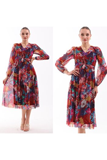 CİXAPLE Tulle Midi Dress - V-Neck