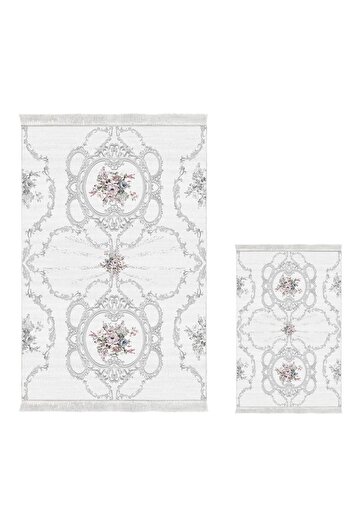Dekoreko Digital 3-Piece Bathroom Mat Set Star Cotton Non-Slip Base Mixed Oval Modern Anabelle Gray