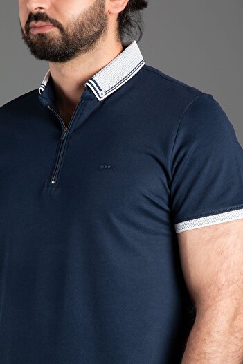 ZEKİ ÖZER MEN'S DARK BLUE ZIPPERED POLO NECK T-SHIRT