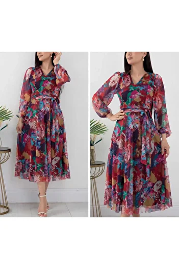 CİXAPLE Tulle Midi Dress - V-Neck