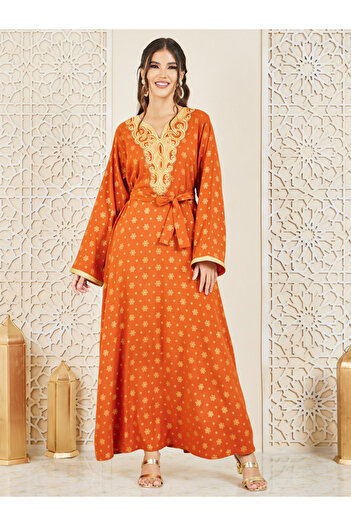 Styli Embroidered Neck Foil Print Jalabiya with Self Tie Up