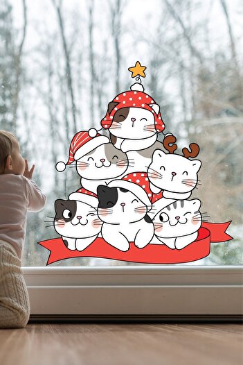 Dijitalya Christmas Themed Large Size Cute Cats Glass Wall Ornament New Year Decor Sticker Decal