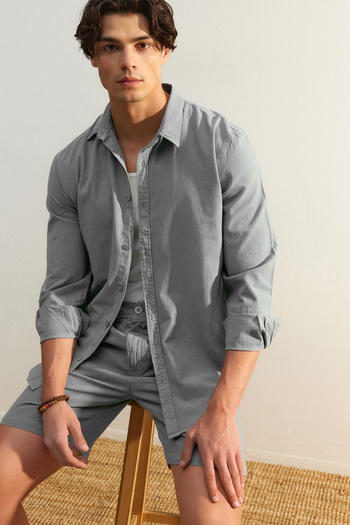 Trendyol Collection Unisex γκρι κανονική εφαρμογή λινό βαμβακερό πουκάμισο - TMNSS23GO00099
