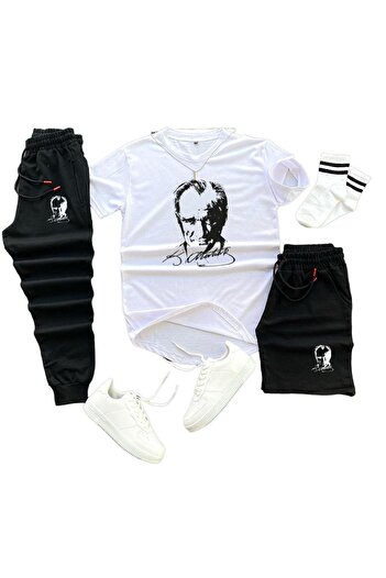 YOHO SPORT Καλοκαιρινό σετ Unisex με στάμπα Ataturk - Σορτς, T-shirt, Φούτερ 3 τεμαχίων συνδυασμένο κοστούμι