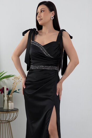 PULLIMM Satin Evening Dress - Front and Waist Stone Detail, DMN4641