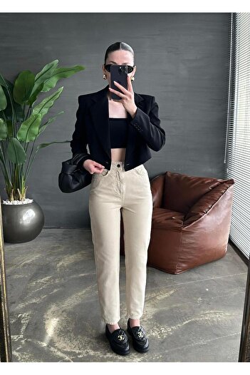 MAKRAS EXCLUSIVE Talie înaltă Flexibil Lycra Julia Trend Bej Mom Jeans Blugi