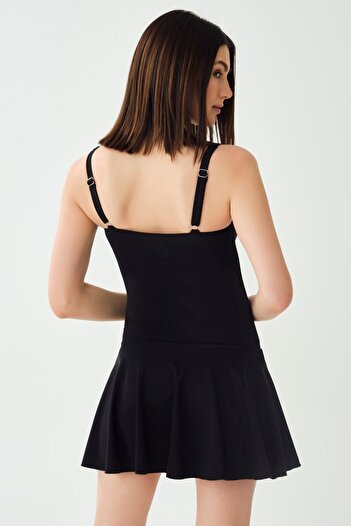 MEBA Black Draped Gathering Dress - Adjustable Strap and Slimming Skirt Swimsuit