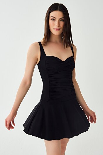 MEBA Black Draped Gathering Dress - Adjustable Strap and Slimming Skirt Swimsuit