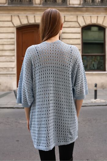 ALCHON Summer Midi Thin Knitwear Cardigan - U Shawl Collar, Half Sleeve, Openwork Hole