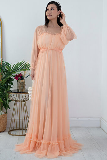 PULLIMM Long Tulle Evening Dress - Lace Detailed, Model 13326