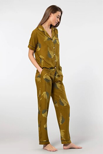 TÜREN Patterned Shirt Collar Short Sleeve Pajama Set - 100% Viscose