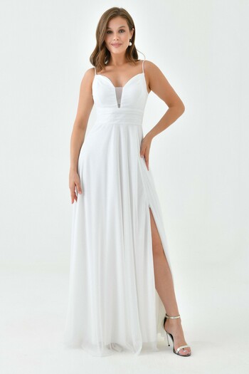 lovebox V-Neck Zippered Thin Straps Maxi Length White Evening Dress - Glittery Lined 39641