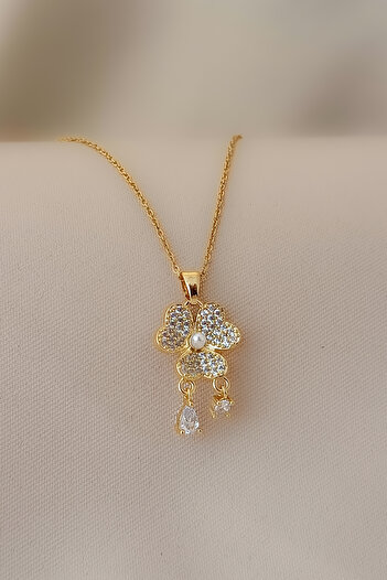 COSİTA Gold Steel Necklace - Pearl Clover Zircon Stone, Dangle Crystal Solitaire