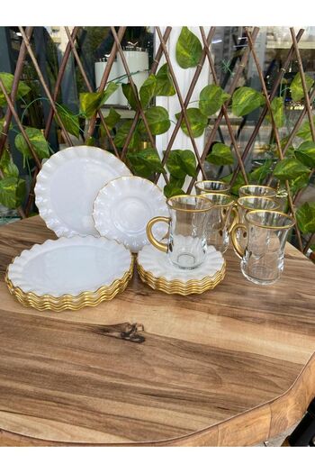 GÜRCÜGLASS White Plain Tea Enjoyment - 18 Piece Set with Handle
