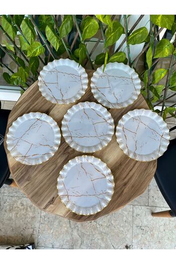 GÜRCÜGLASS 17 Cm White Marble Dessert Plate Set