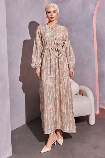 benguen 3996 Patterned Hijab Dress Beige