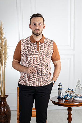 Sarar Tan Patterned Polo Collar Thin Knitwear Cotton T-Shirt