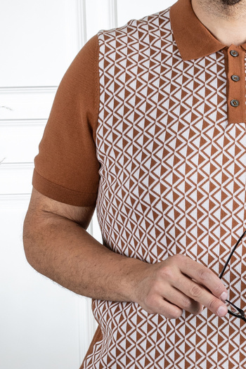 Sarar Tan Patterned Polo Collar Thin Knitwear Cotton T-Shirt