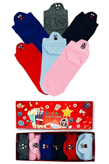 Socks Stations Box of 6 Emoji Themed Embroidered Summer Ankle Booties Socks