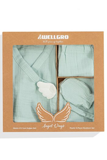 Wellgro Angel Wings Muslin 5-Piece Newborn Hospital Discharge Set-Mint