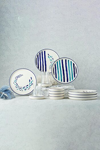 Kevin Seramik 18 Pieces Marine Stackable Breakfast Set for 6 People & Breakfast Set with Tea Cups and Tea Set