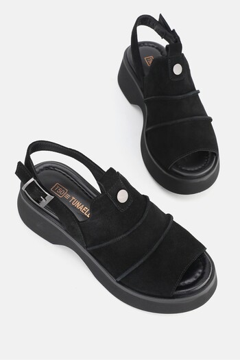 TUNAELLİ Black Nubuck Low Heel Sandals - Genuine Natural Leather