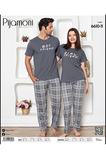 Pijamoni Gri Kısa Kollu Eşli Pijama Takımı 6610-11 - KADIN
