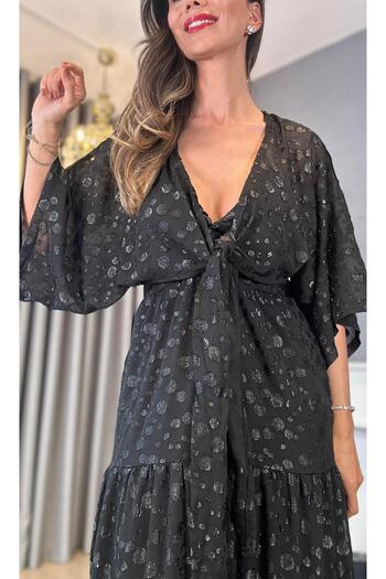 Atelier Derin Shiny Patterned Black Chiffon Bolero