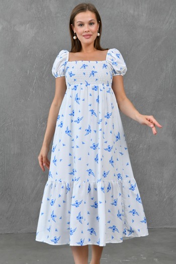 bayansepeti Square Collar Maxi Dress - White Patterned, Elastic Design, Princess Sleeve 6626