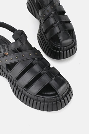 TUNAELLİ Black Genuine Natural Leather - Strappy Flat Sole Women's Sandals