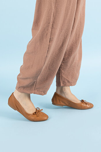 Getcho Tan Colored Rodac Women's Genuine Leather Ballerinas