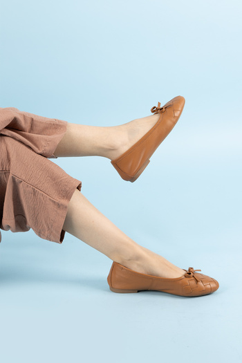 Getcho Tan Colored Rodac Women's Genuine Leather Ballerinas