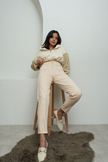 MAKRAS EXCLUSIVE Blugi Mom Bej Lycra cu Talie Înaltă - Blugi Julia Trend