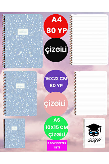SEYFİKİRTASİYE 80 Sheets Pastel Floral Notebook Set - A4, 16X22, A6 Size Cardboard Cover, 3 Ring Binder Notebooks