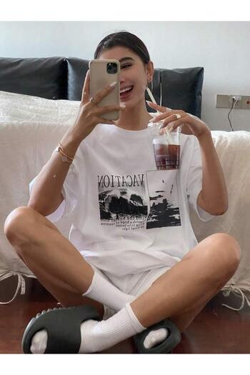 AFROGİYİM Women's Oversize T-shirt with Landscape Print - Vacation