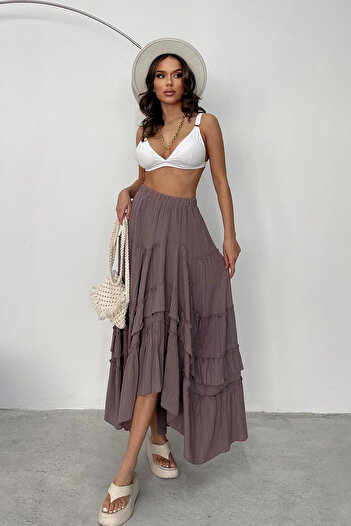 Ortaya Çık Asymmetric Cut Plum Seersucker Skirt - Elastic Waist