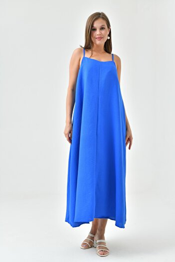 lovebox Blue Midi Evening Dress with U Collar Adjustable Straps - Aerobin Fabric 3378