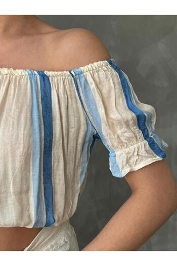 oshebu Bebe Mavi – Kadın Madonna Yaka Lastikli Crop Bluz