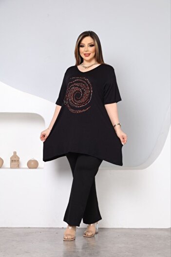 vividbutik Asymmetrical V-Neck Colorful Tunic Blouse with Stone Detail