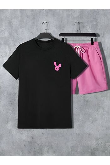 trendgar Rabbit Printed Set with Black T-Shirt and Pink Shorts