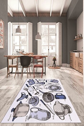 EY HOME Tencere Fincan Bıçak Tabak Bardak Desenli Yıkanabilir Mutfak Halısı, MUTFAK-35-MAVİ,